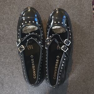 Converse Black Patent Leather Mary Jane Shoes with Silver Stud Accents